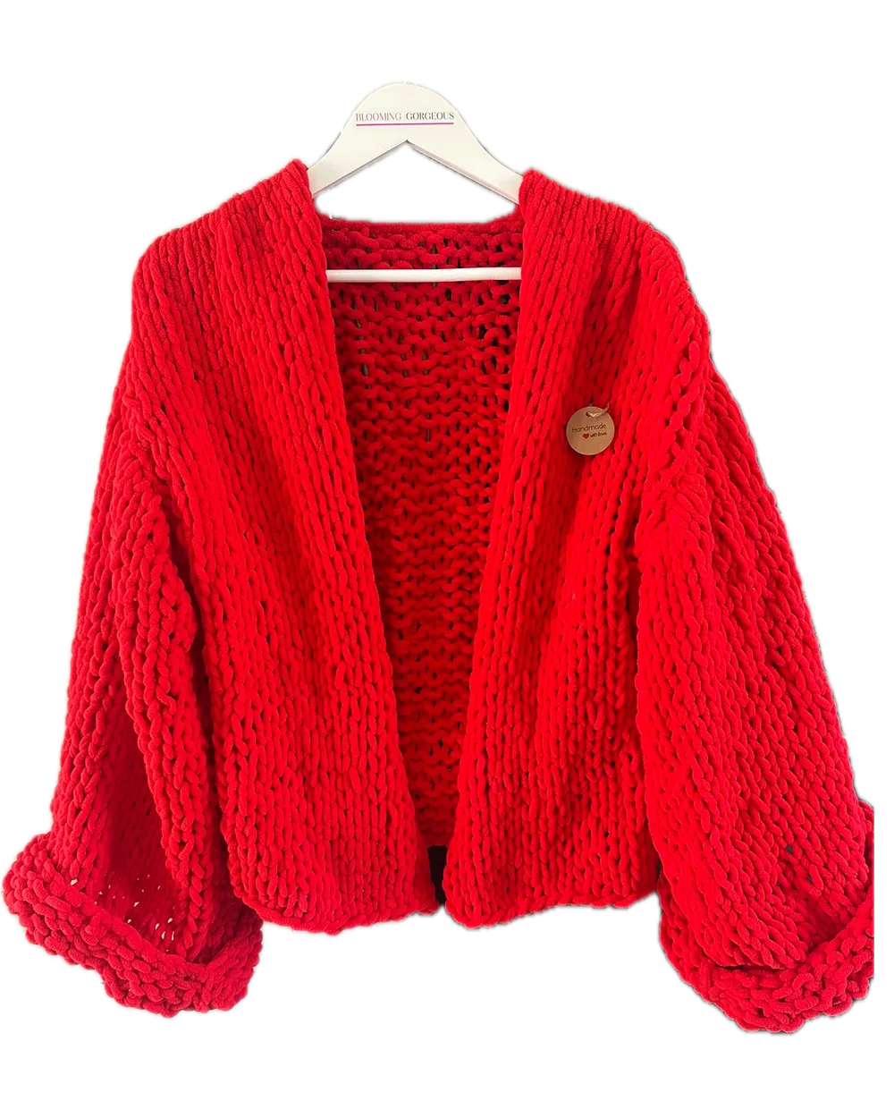 Red chenille cardigan on a Blooming Gorgeous hanger