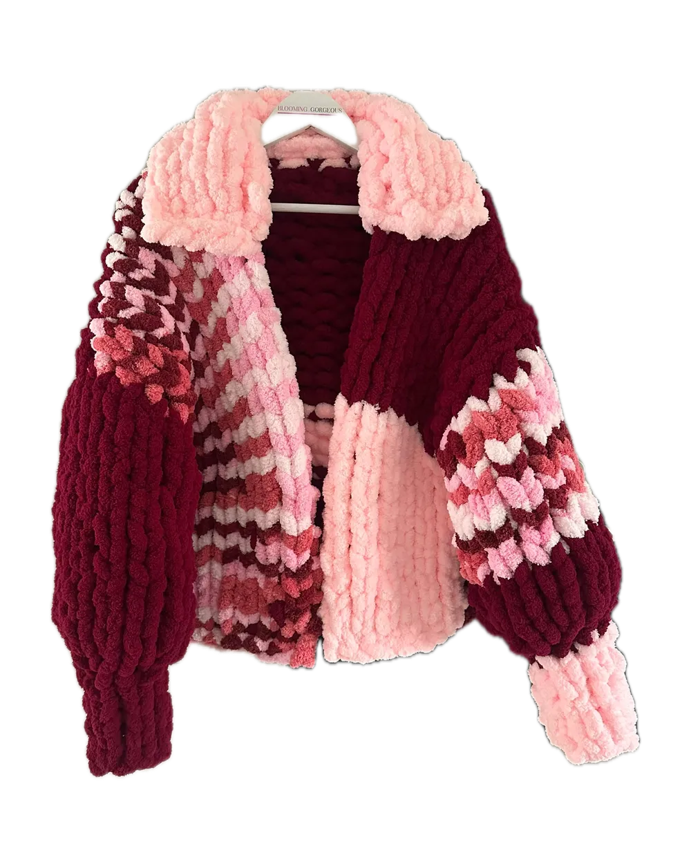 Custom shacket in raspberry, blush and pink patchwork with a collar