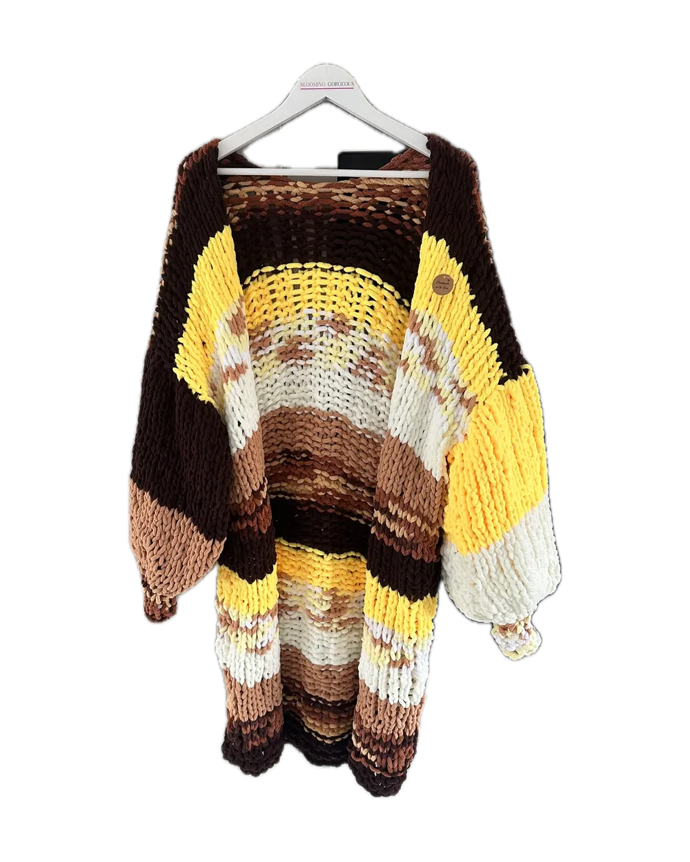 Long chenille cardigan in chocolate, lemon, cream and caramel stripes