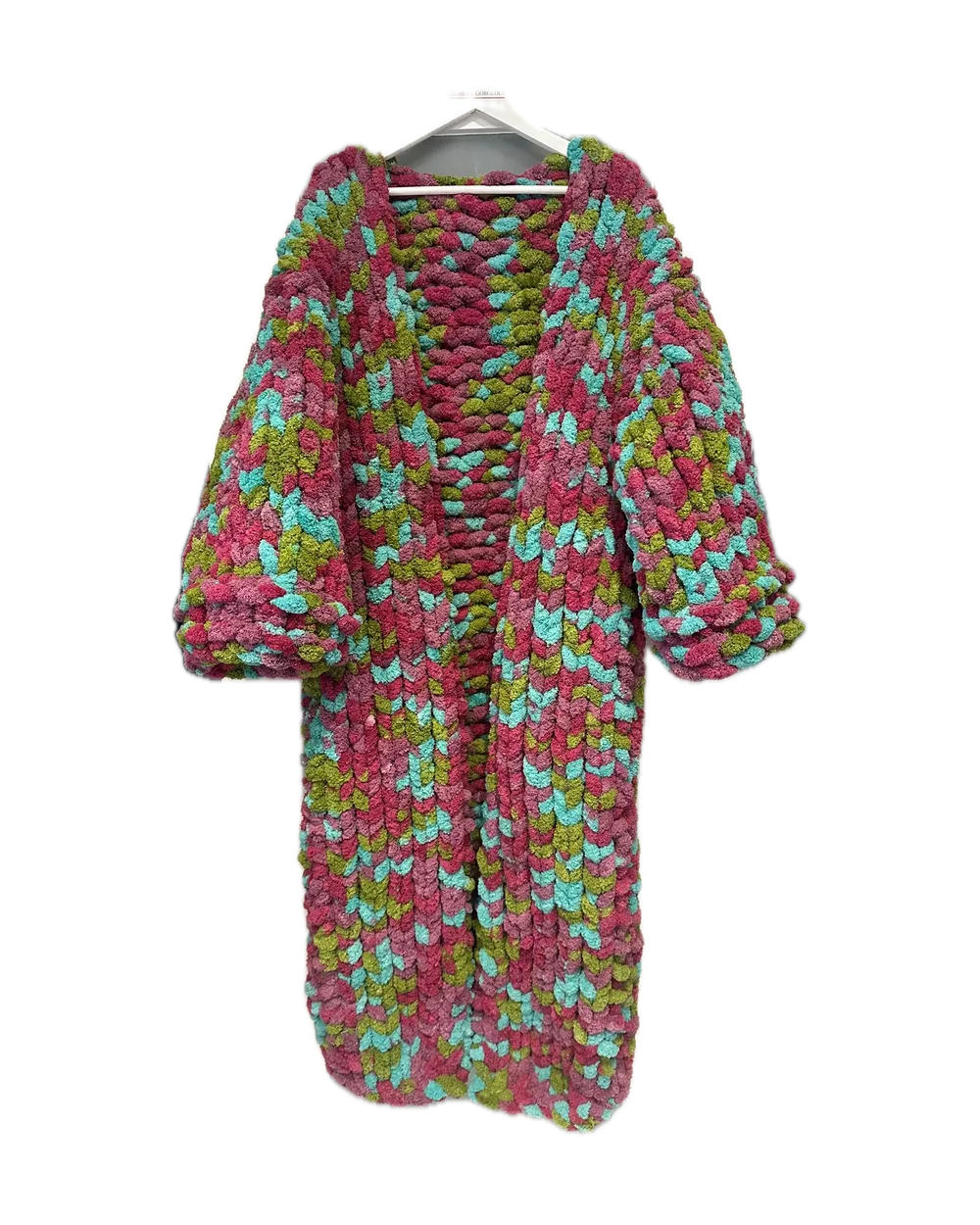 Long multicolour shacket in raspberry, teal and green on a hanger