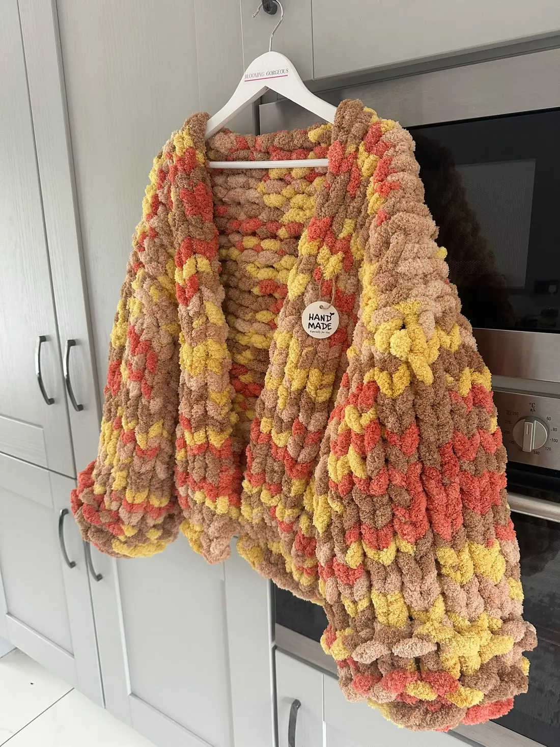 Sunset Multi Ladies Shacket in orange, mustard and caramel with a hand made tag