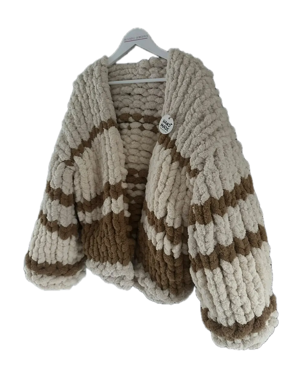 Oat shacket with toffee stripes on a Blooming Gorgeous hanger